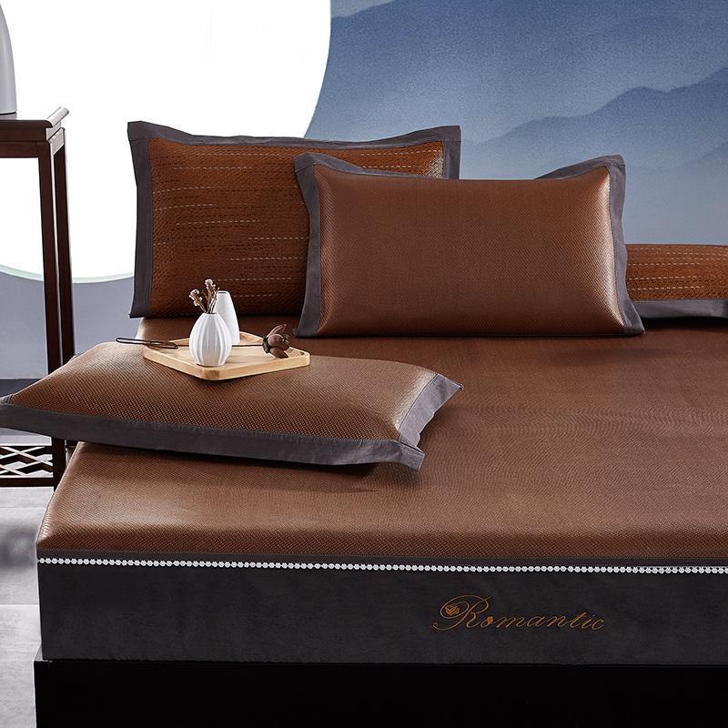 家柏饰(CORATED)凉席三件套冰藤席1.8m床双人1.5米床笠款可折叠夏季单人空调席子 床包款凉席三件套-寐臻（太空金） 1.8m（6英尺）床