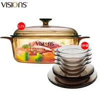 康宁(VISIONS)3.25L晶彩玻璃锅/茶色八件套 厨具套装 汤锅 炖锅 透明锅厨具套装透明耐热玻璃碗碟深浅盘 餐具