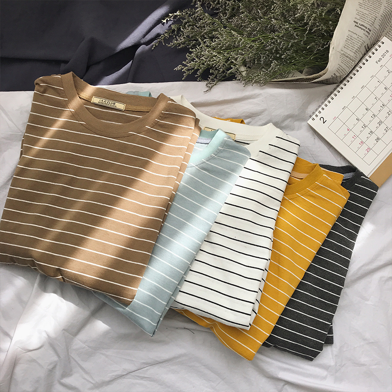 夏季男士短袖T恤韩版潮牌条纹半袖夏装圆领衣服宽松男装2018帅气