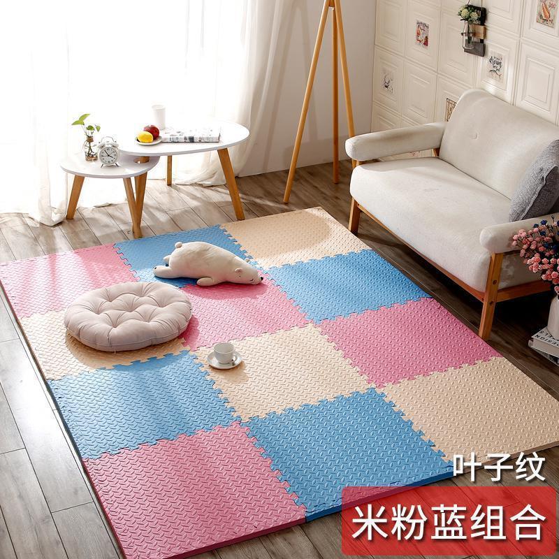泡沫地垫家用隔音海绵铺地板垫子拼接爬爬卧室儿童爬行垫拼图防摔 米+粉+蓝 30*30*1.2cm叶子纹【36片】_138