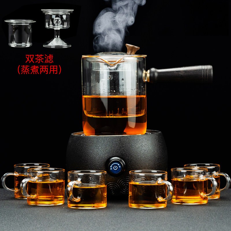 家用玻璃煮茶器黄金蛋电陶炉套装侧把烧茶壶普洱蒸汽蒸茶壶泡茶整套 丰客黑陶电陶炉+畅意煮茶壶8件套