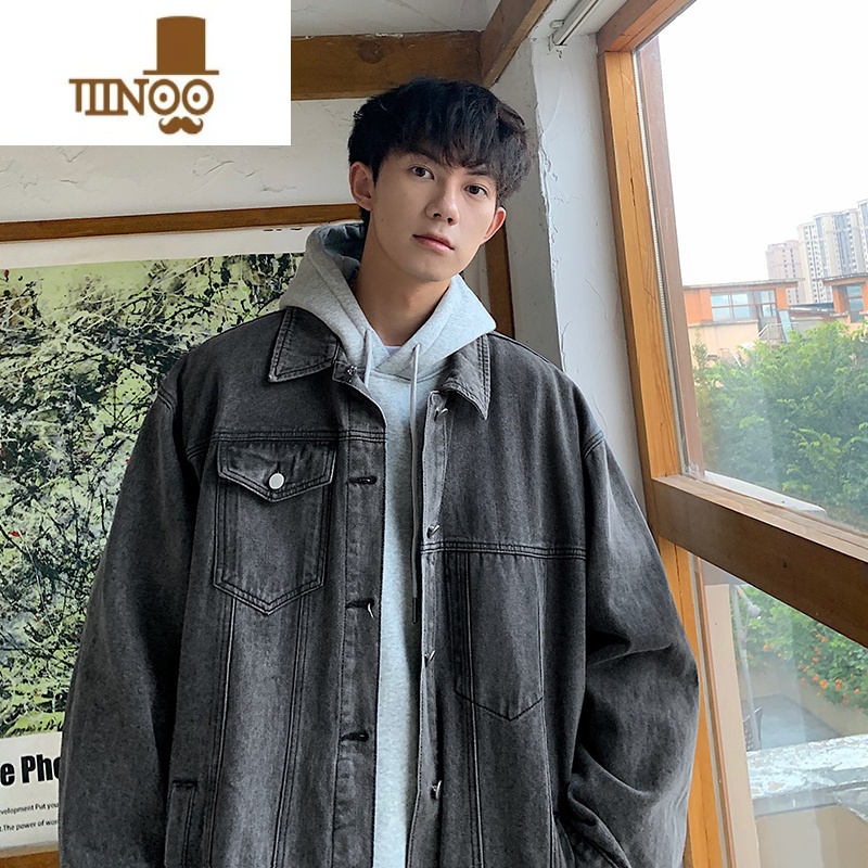 YANXU牛仔外套男款宽松黑色工装夹克潮牌复古高街翻领水洗上衣上高清大图