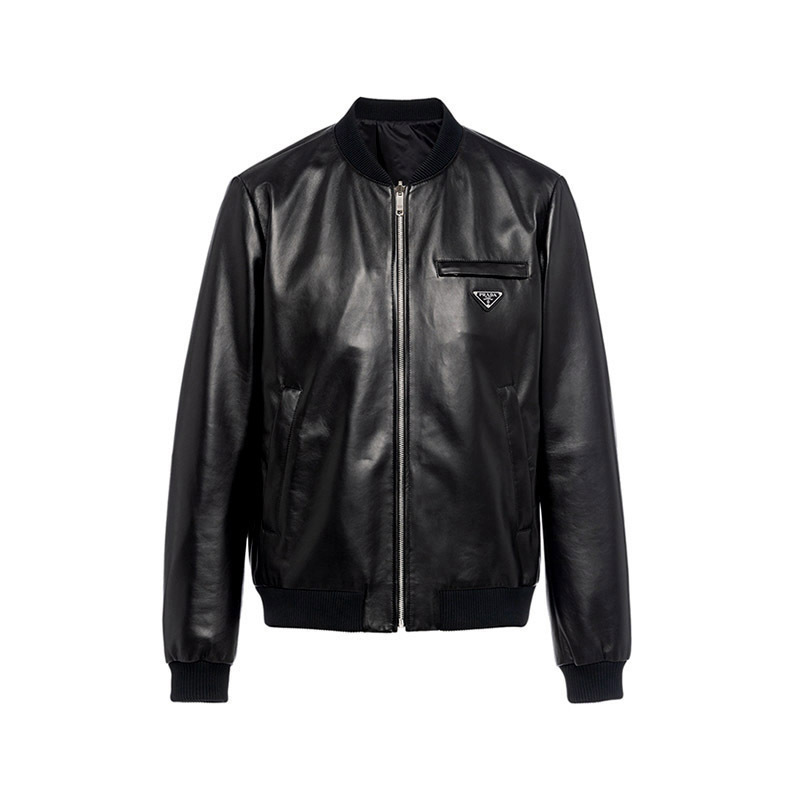 普拉达prada男士黑色三角形徽标双面穿皮衣飞行员夹克外套upw280038