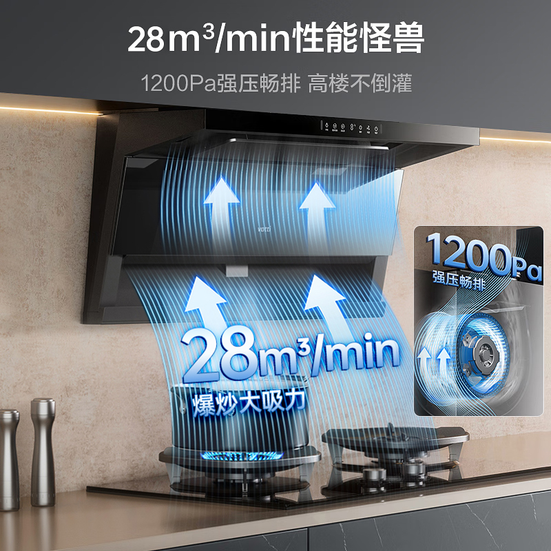 华帝(vatti)[小飞翼Pro K9]小飞碟28风量大吸力脱排油烟机 i111K9超薄平嵌7字型变频顶侧双吸三腔自动洗