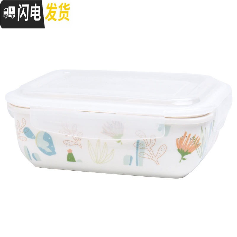 三维工匠陶瓷饭盒学生上班族带饭分格分隔型微波炉加热带盖便当盒餐盒套装 B两格盒+勺筷盒+蓝袋/熊猫四面扣