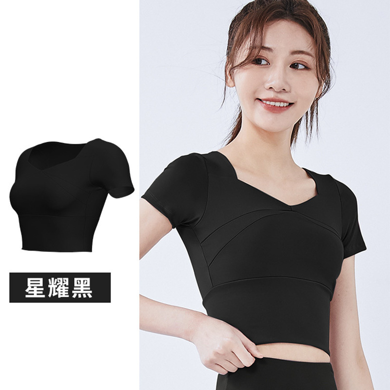 班蒂纳瑜伽服短袖拼接运动速干带胸垫抗震跑步健身半袖T恤 JYMD009