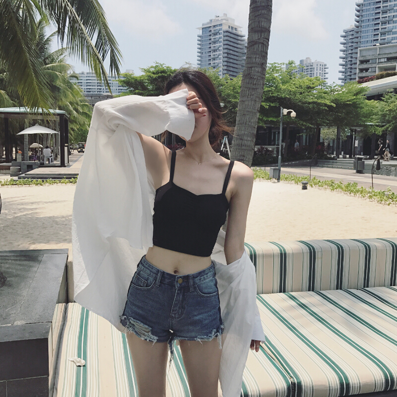 美背带背心女夏季新款防走光性感短款小背心打底抹胸裹胸带胸垫白色.同款纯棉衬衫均码