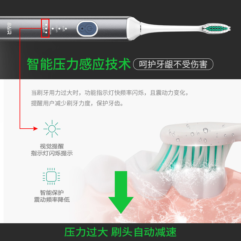 拜尔(BAIR)X9成人通用 充电式电动牙刷 声波智能震动软毛情侣防水 摩卡灰 (主机+8个刷头+便携盒)