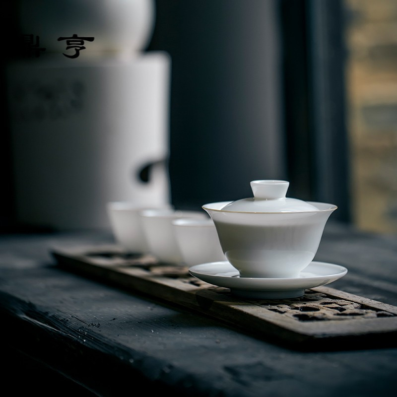 鼎亨景德镇甜白釉盖碗茶杯 手工薄胎三才盖碗白瓷功夫茶具泡茶碗