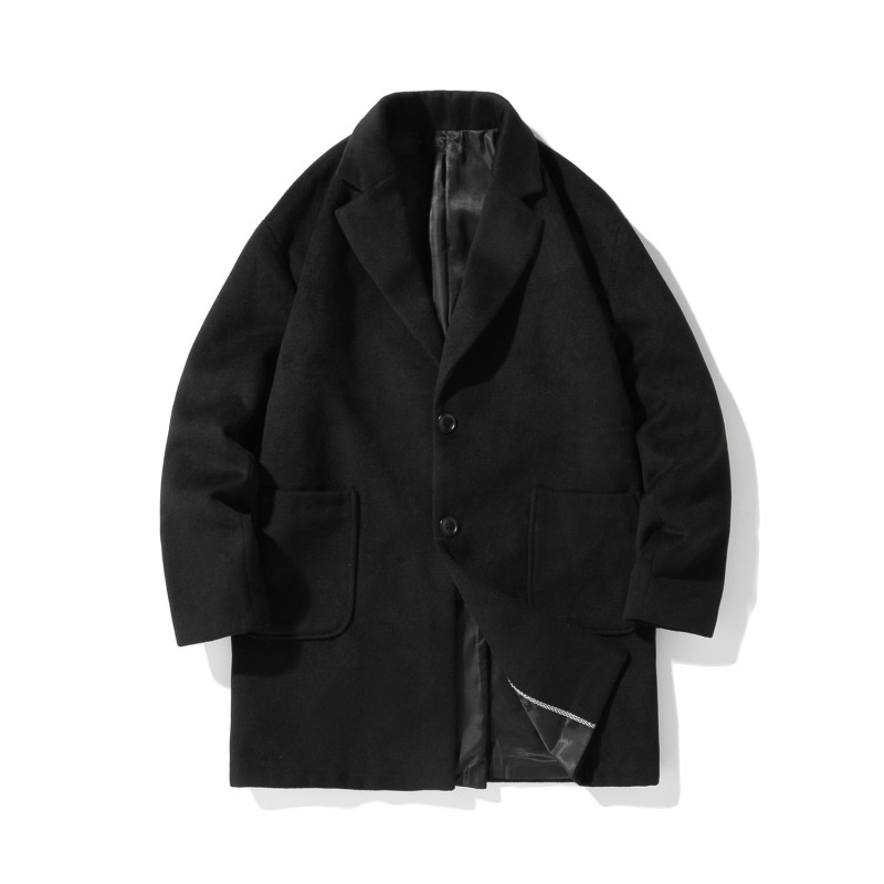yuansu冬季黑色英伦风毛呢大衣男生潮流休闲中长款风衣青年帅气呢子