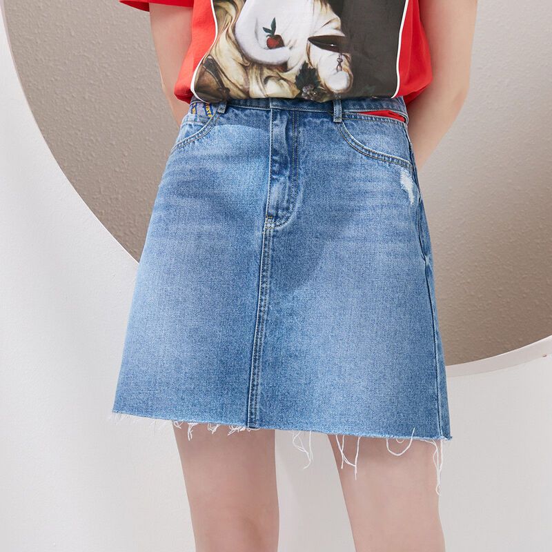 拉夏贝尔夏ins火百搭显瘦高腰短款A字牛仔半身裙