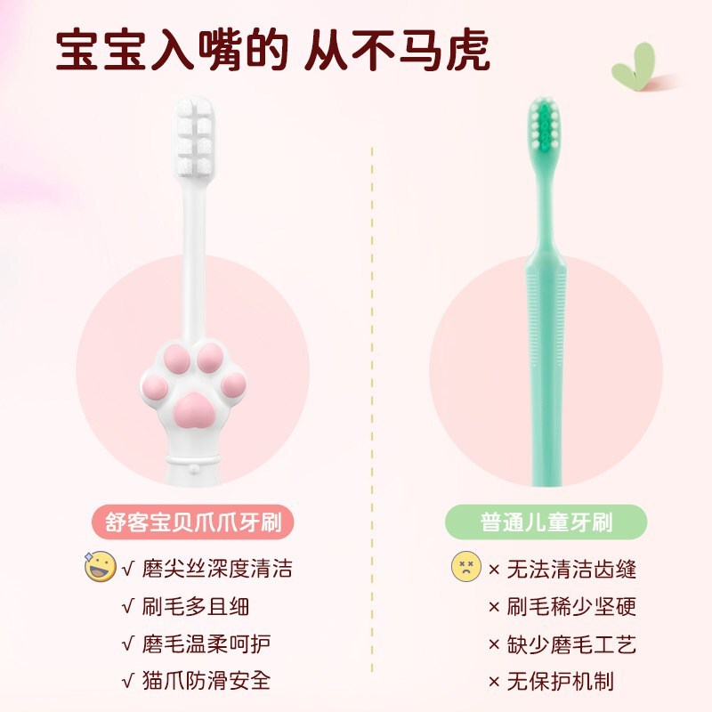 舒客宝贝(sakykids)儿童牙刷 细软毛护龈2-3-6-12岁宝宝小孩猫爪牙刷粉色/白色男女款三支装