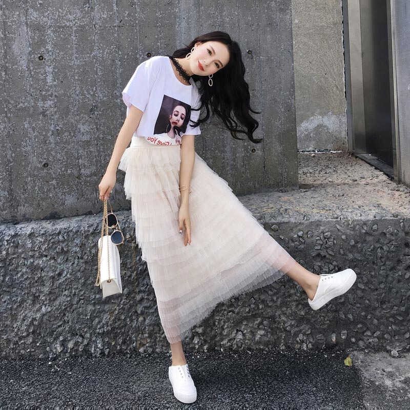 半身裙夏女高腰层层裙百褶中长款ins超火的网纱裙子2018新款