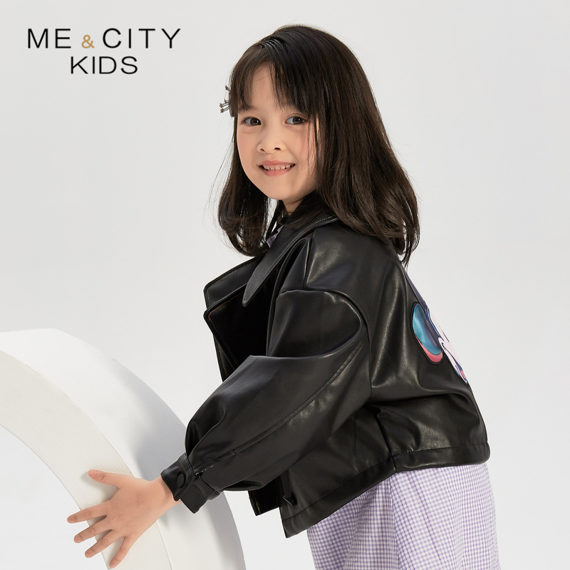 [1件3折价:130.5]米喜迪mecity童装秋新款女童米奇PU皮机车夹克外套