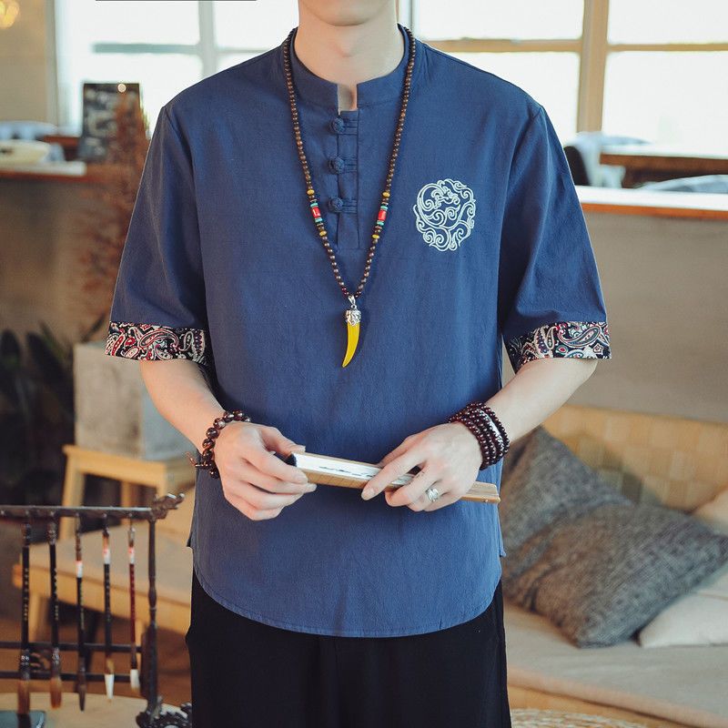 亚麻短袖男T恤2020中国风棉麻上衣潮流刺绣半袖唐装夏季宽松汉服 黑色纯色 2XL 145-160斤