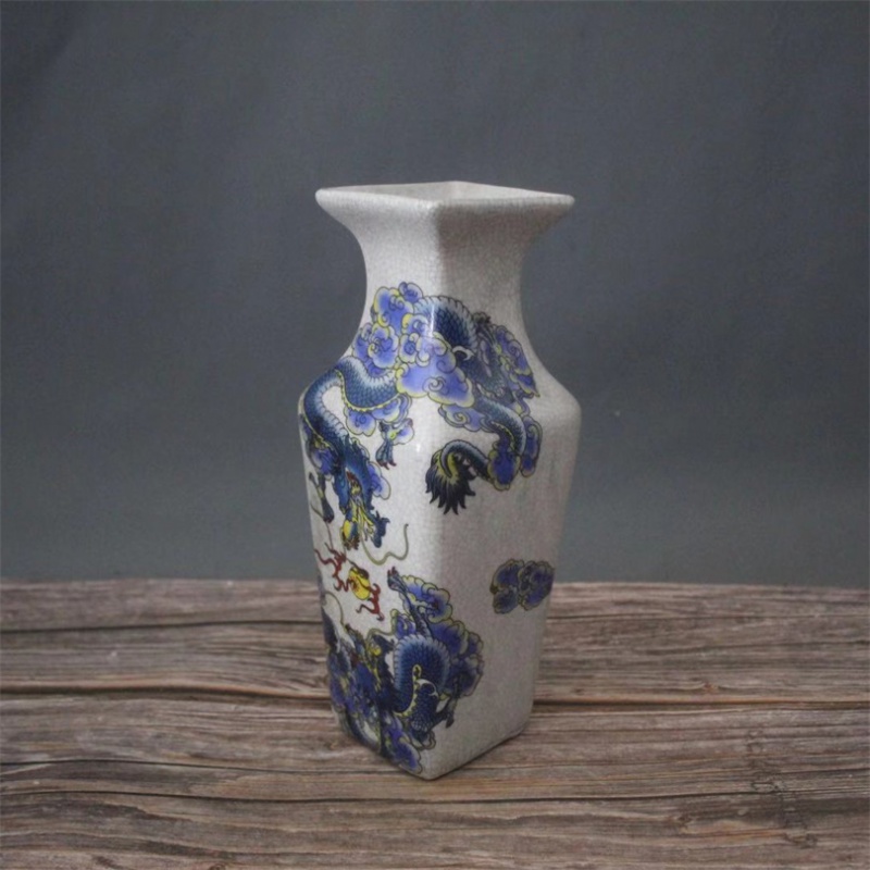 美帮汇景德镇仿古陶瓷乾隆粉彩四方花瓶双龙戏珠摆件家居装饰展柜做旧高清大图