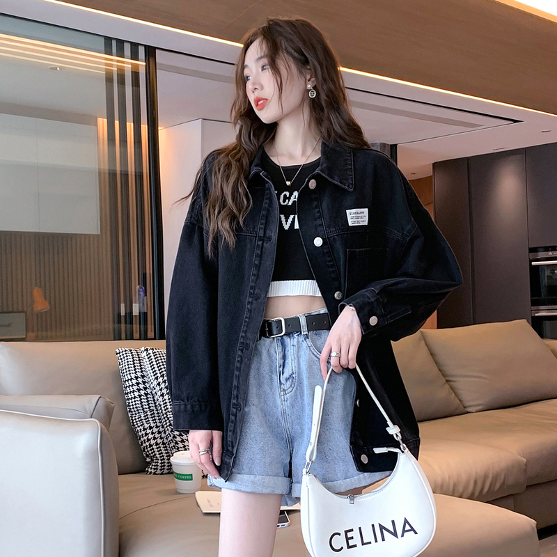 唐狮春季新款牛仔外套女春秋黑色设计感小众宽松休闲上衣K