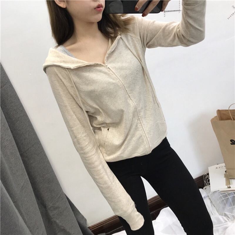 ins运动薄短款连帽小外套卫衣女长袖学生百搭春秋修身显瘦外搭白色均码
