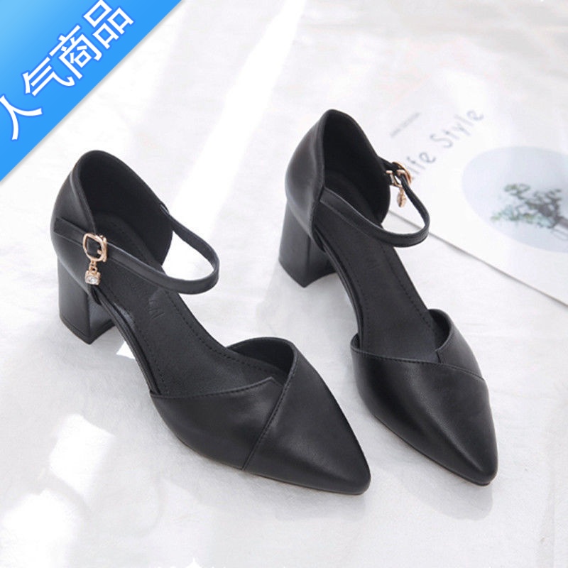 SUNTEK【】包头凉鞋女2023新款夏季晚晚风一字带尖头单鞋粗跟高跟鞋高清大图