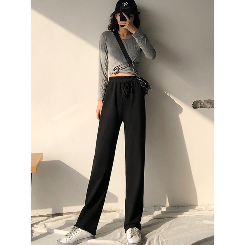 suntek秋冬季拖地裤黑色卫裤高腰运动休闲裤女宽松大码直筒垂感阔腿