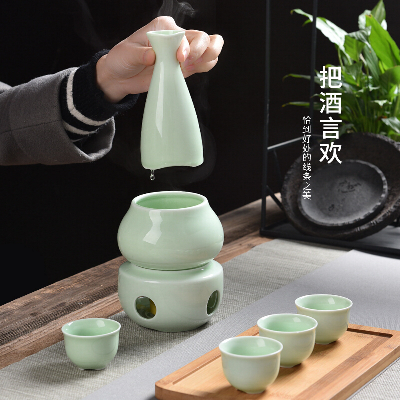 陶瓷温酒器烫酒壶暖酒器加热耐高温温酒壶带烛台炉白酒酒杯钵青瓷酒具套装一壶四杯 整套酒具 送10颗小蜡烛