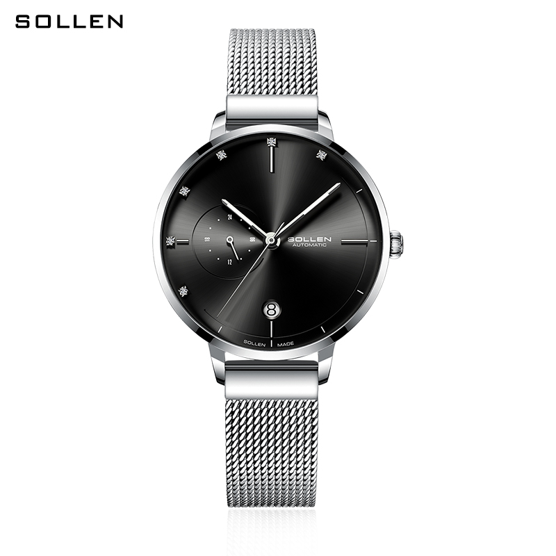 梭伦SOLLEN手表女ins风新款简约时尚防水潮自动机械表女女士手表腕表 SL-416 银色黑面