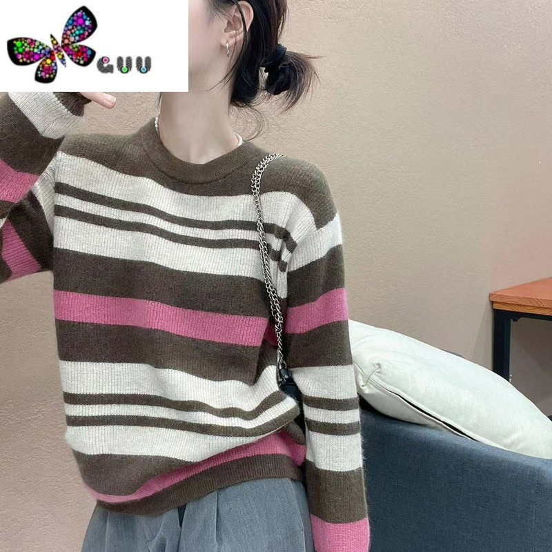 语娄长袖套头韩版休闲宽松圆领条纹拼色慵懒软糯毛衣打底衫女新款