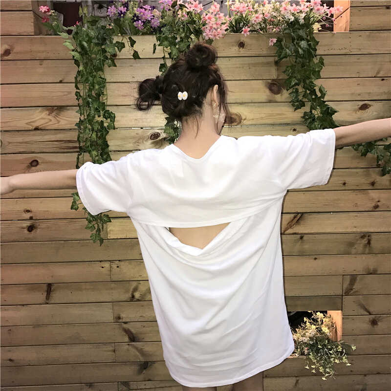 春夏女装韩版宽松性感个性后背镂空中长款露背短袖T恤上衣打底衫黑色均码