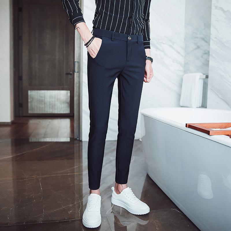 夏款男士薄款九分裤男韩版9分小脚裤时尚英伦休闲裤男修身男裤子