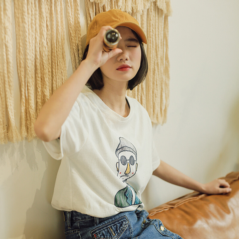 2018春新款女装韩版宽松印花圆领打底衫学生纯色上衣短袖T恤白色