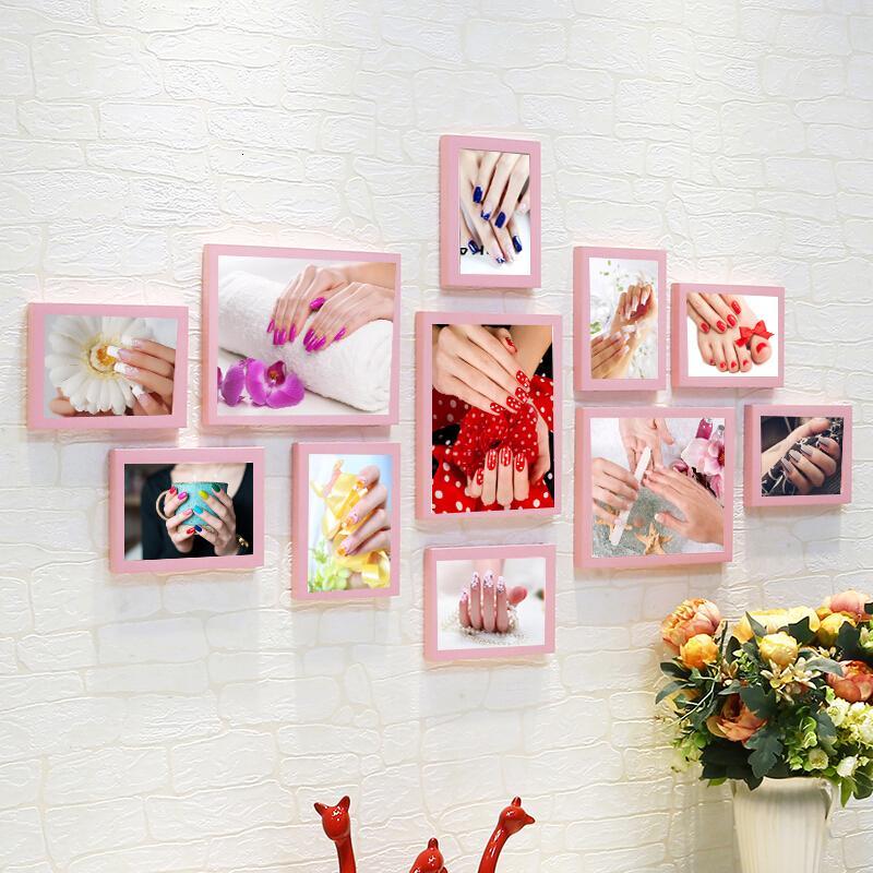 美甲店实木相片墙画框院创意纹绣照片墙装饰挂墙相框组合海报