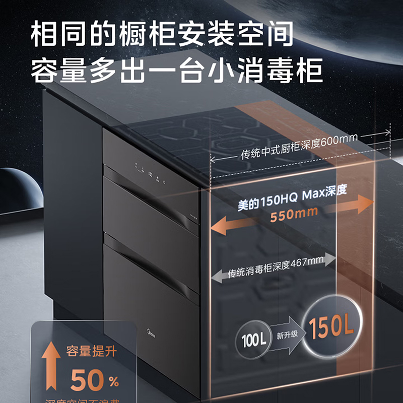 美的消毒柜嵌入式家用150L智能光波4.0 厨房餐具碗柜碗筷茶杯茶具 红外+紫外线热风三层不锈钢 二星级150HQmax高清大图