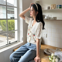 唐狮新款V领拼接针织衫设计感甜美短款上衣女春夏季复古短袖T恤F_0563 S 米白