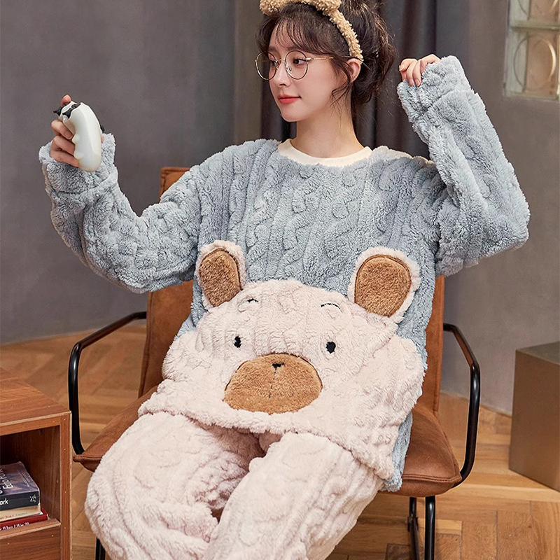 浪莎珊瑚绒睡衣女士秋冬季新款可爱长袖加厚保暖套装可外穿家居服高清大图