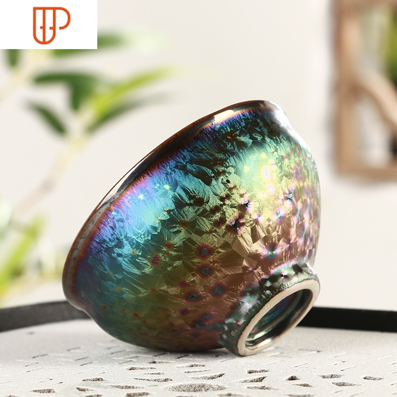 陶瓷建盏窑变曜变天目釉孔雀七彩杯品茗杯主人杯斗笠杯