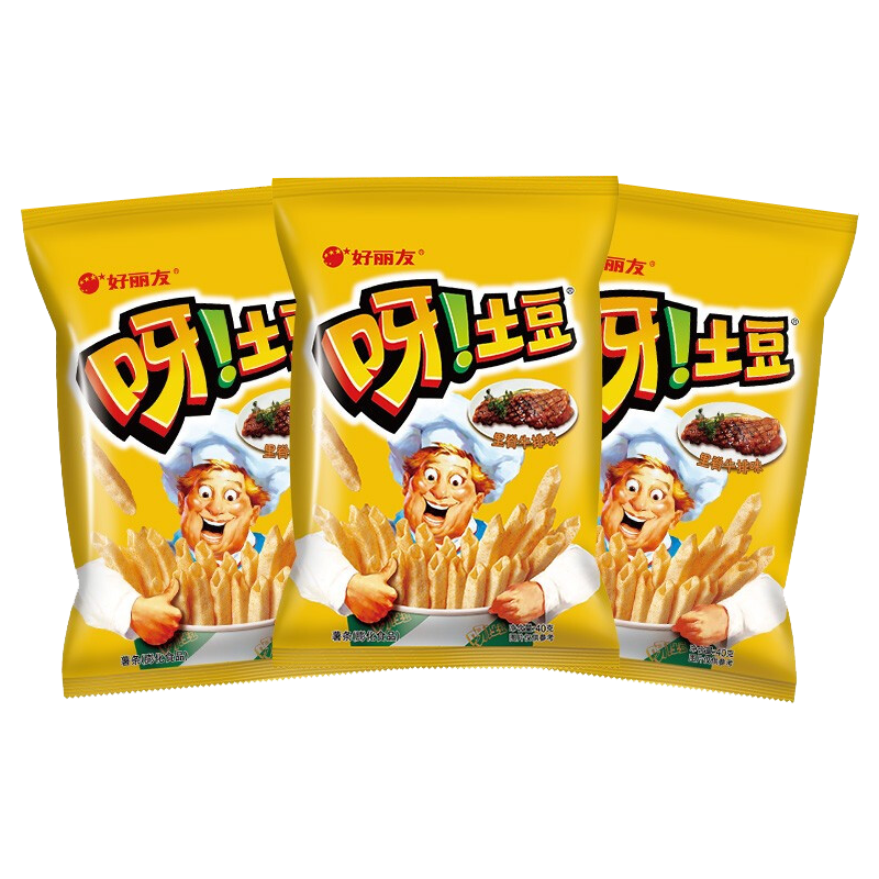 好丽友呀土豆薯条休闲食品小吃解馋小零食土豆里脊牛排味40g*3袋薯片膨化食品