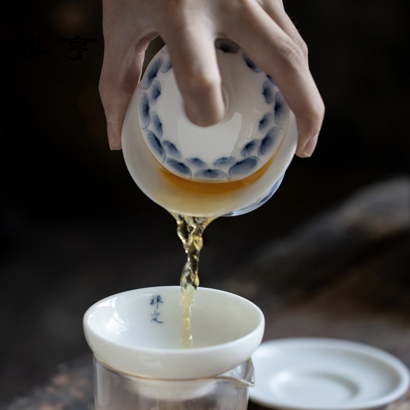 鼎亨 青花手绘盖碗白瓷功夫茶具泡茶碗秀气大小号三才碗简约家用
