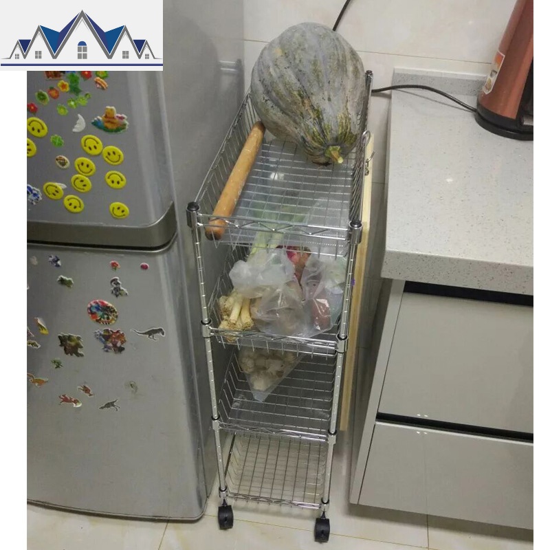 厨房水果蔬菜收纳篮筐多层移动置物架子不锈钢色落地4层锅架储物 三维工匠高清大图