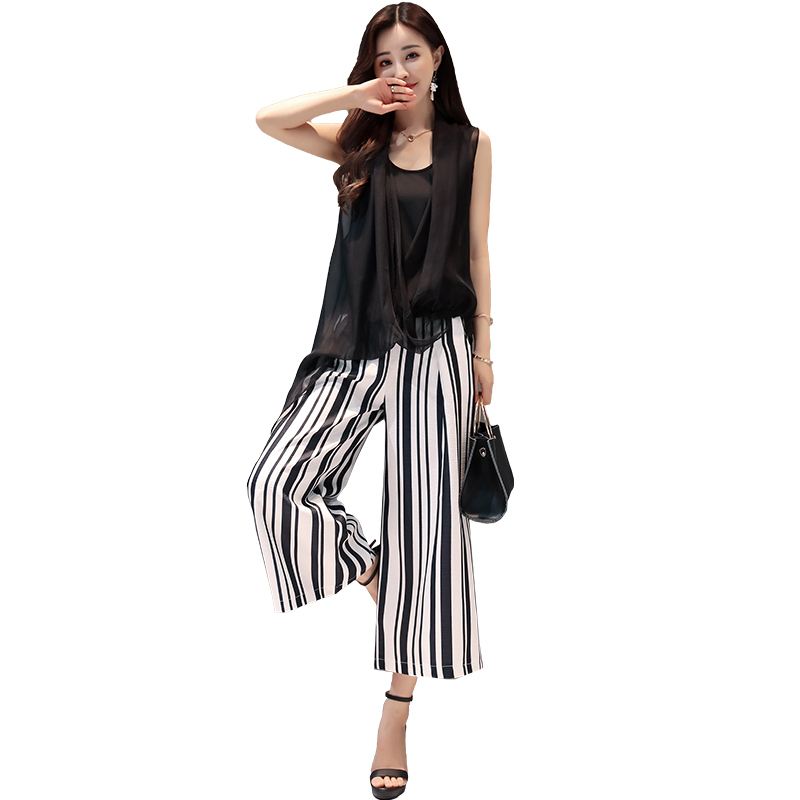 女士夏装新品条纹阔腿裤套装女韩版修身气质省心搭配小个子两件套