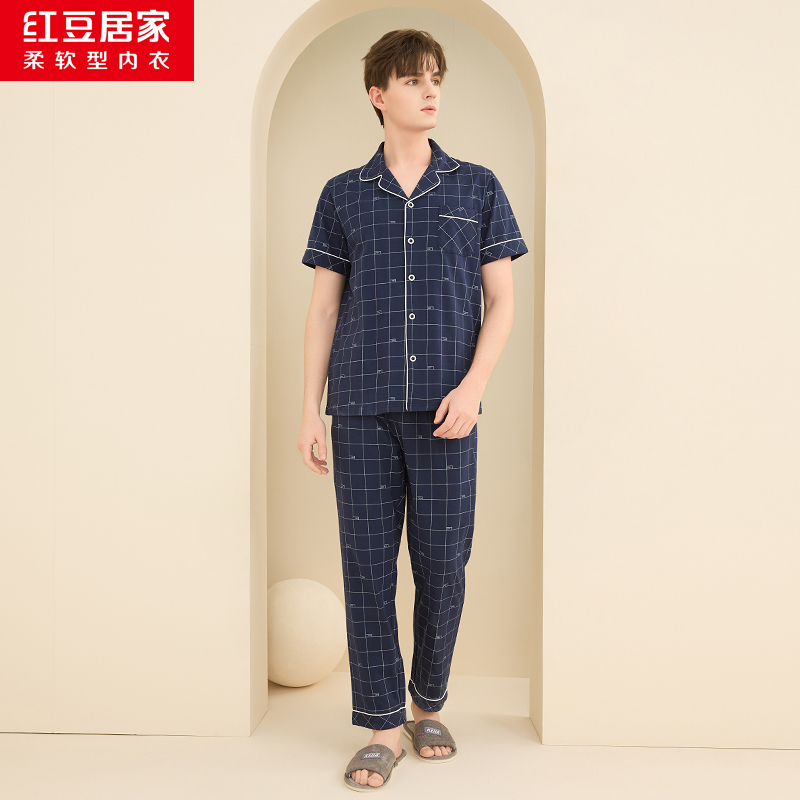 红豆居家男士格纹印花短袖居家服套装