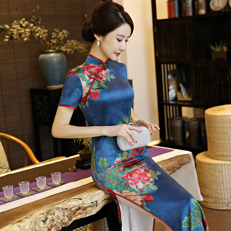 复古改良真丝旗袍长款春妈妈装端庄大气优雅修身演出旗袍大码显瘦