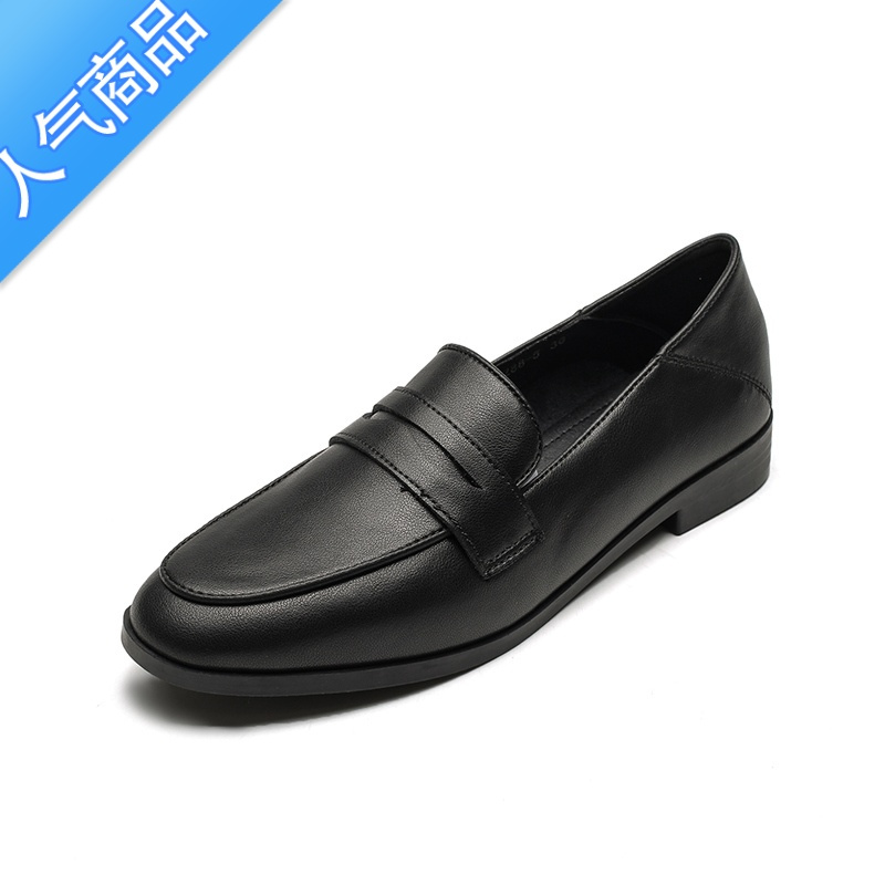 SUNTEK小皮鞋女英伦风春秋新款黑色加绒鞋工作鞋百搭平底单鞋乐福鞋