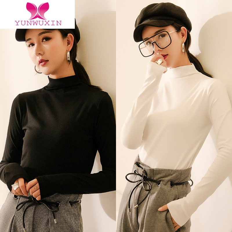 YUNWUXIN半高领纯色加绒打底衫女新款2022黑色内搭长袖t恤上衣女
