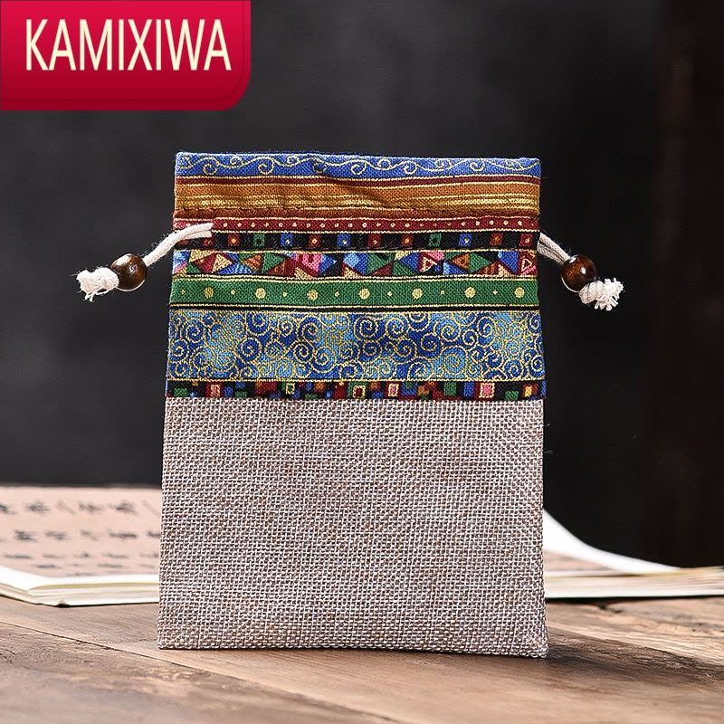 KAMIXIWA棉麻拼接收纳袋大号首饰袋抽绳束口袋绒布袋中式名族风文玩手串袋图片