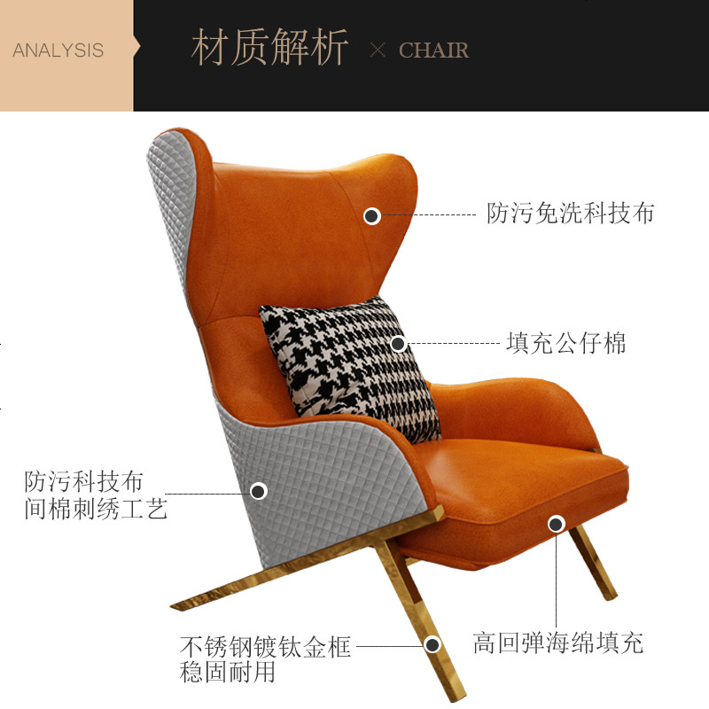 现代简约轻奢单人沙发老虎椅北欧美式休闲椅子小户型客厅卧室沙发
