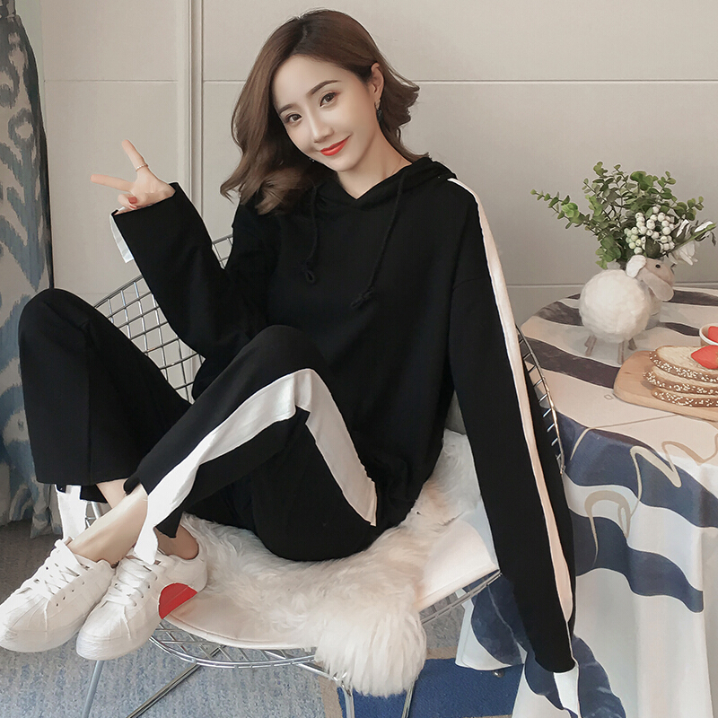 迪鲁奥(DILUAO)孕妇套装秋季宽松连帽套头卫衣春秋季两件套微喇叭裤孕妇休闲套装