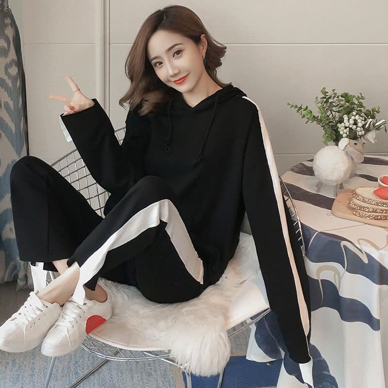 迪鲁奥(DILUAO)孕妇套装秋季宽松连帽套头卫衣春秋季两件套微喇叭裤孕妇休闲套装图片