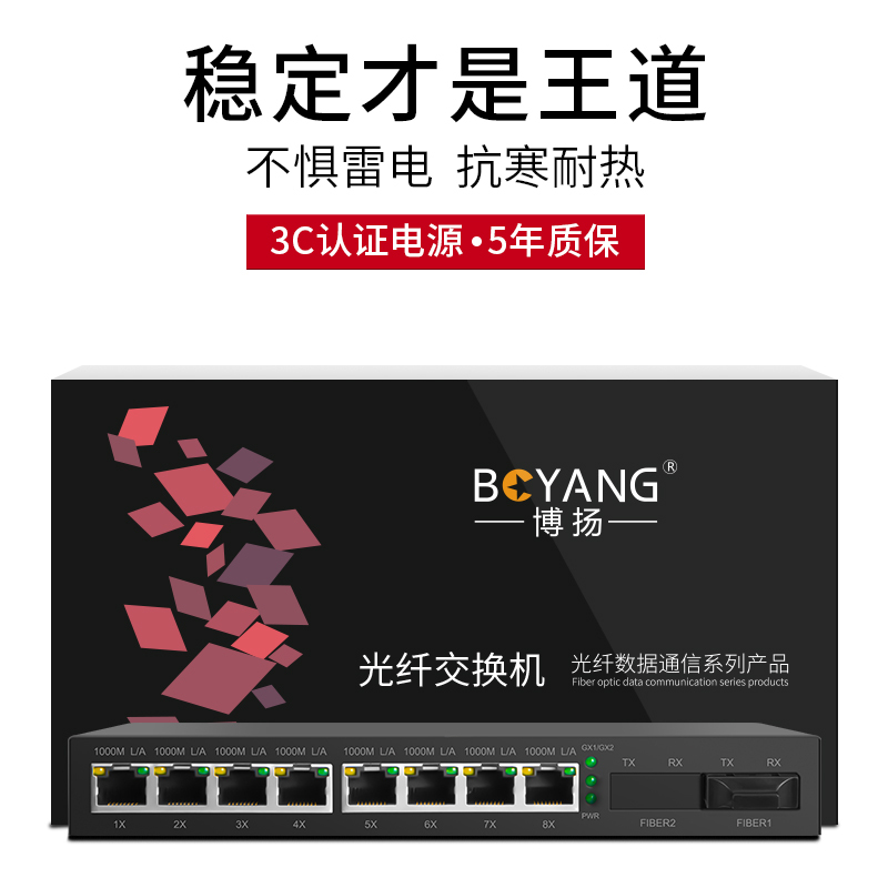 博扬 千兆1光8电单模单纤光纤收发器 隔离光电转换器 SC接口1对 BY-VG1081A/B-20KM
