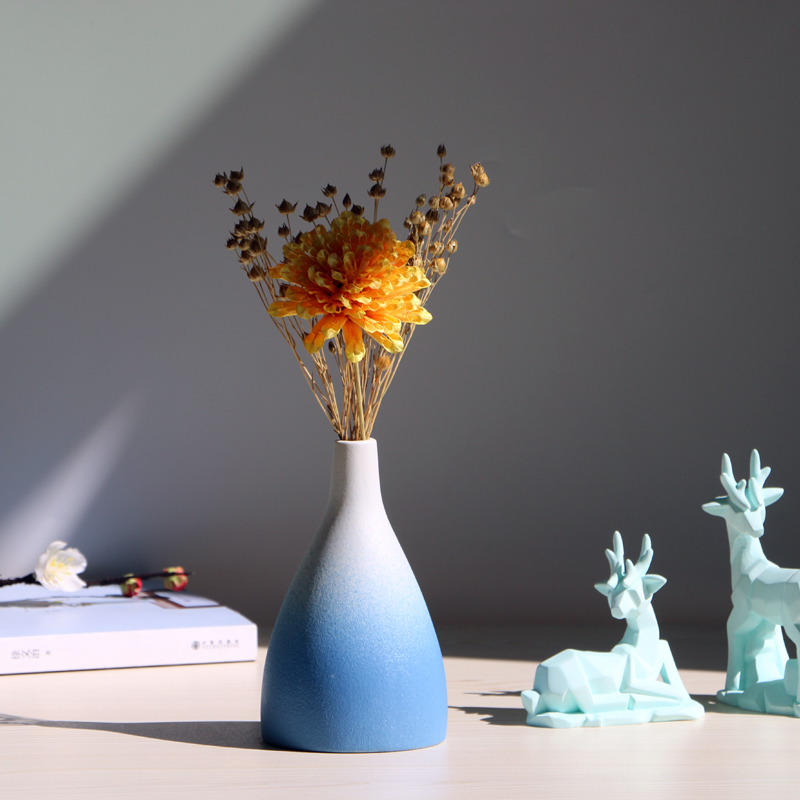 ins风北欧渐变陶瓷花瓶客厅插花工艺摆件清新干花装饰工艺品 三维工匠