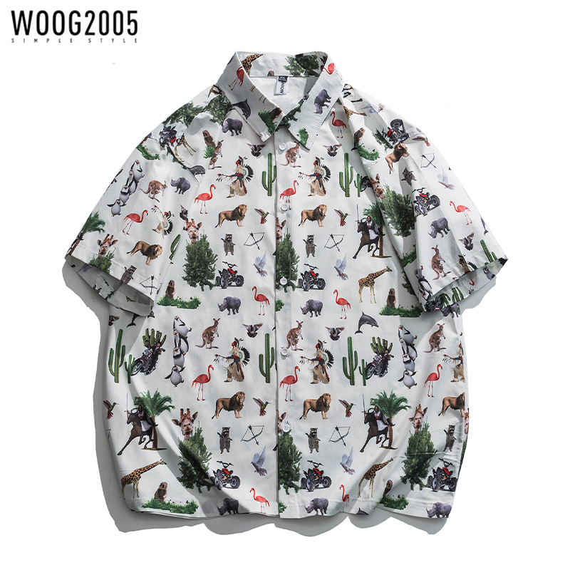 WOOG2005 动物印花夏季新款衬衫冰丝薄款外穿短袖大码宽松T恤衫男